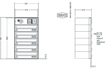 RENZ Briefkastenanlage Unterputz, Schattenfugenrahmen, Kastenformat 370x110x270mm, mit Klingel - & Lichttaster und Vorbereitung Gegensprechanlage, 5-teilig,